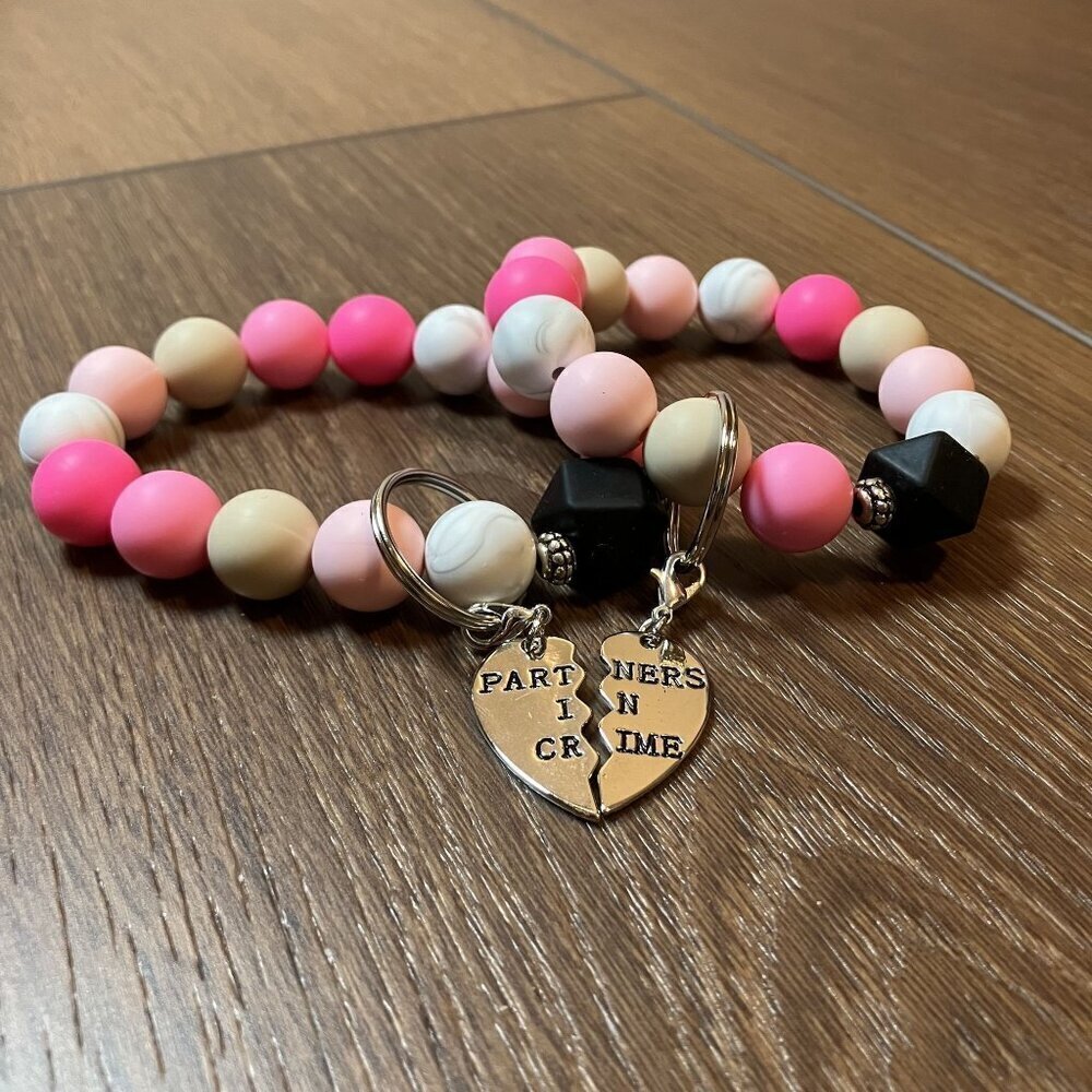 Handmade "Partners in Crime" Set of Pink/White Keychains Best Friend Gifts